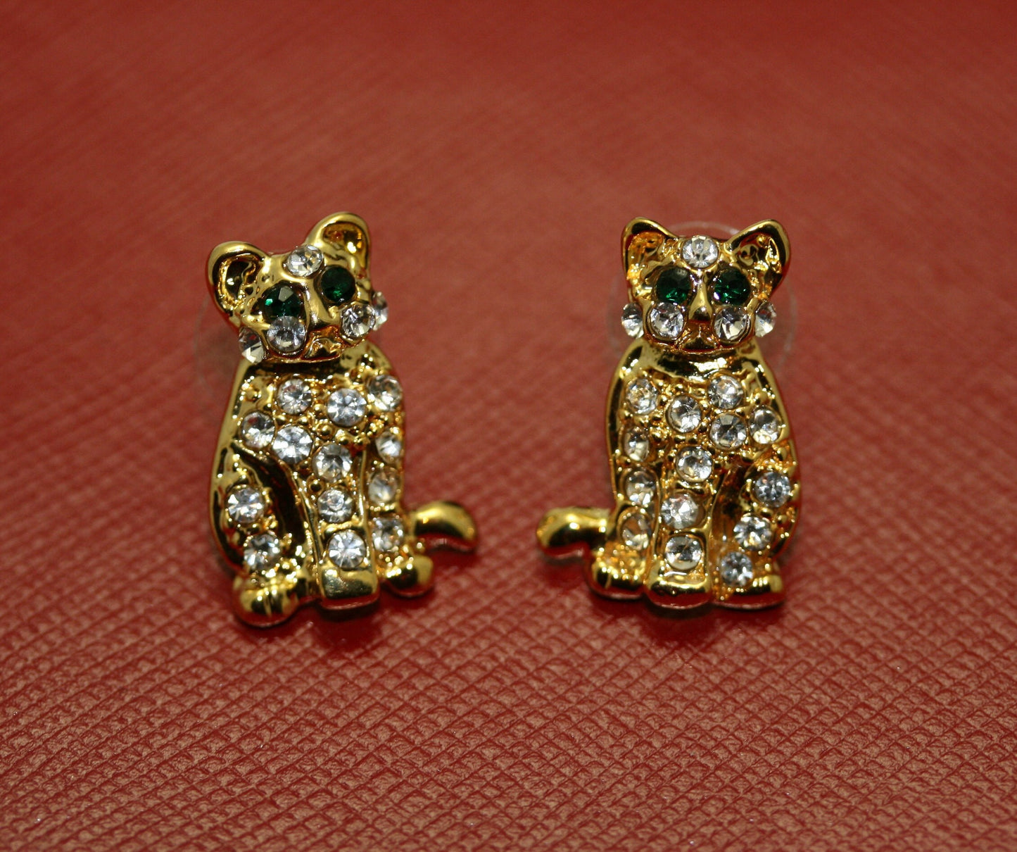 Rhinestones Gold-Tone Cat Brooch, Pin & Post Earring Set, Crystal Cat Pin Brooch, Cat Earrings.