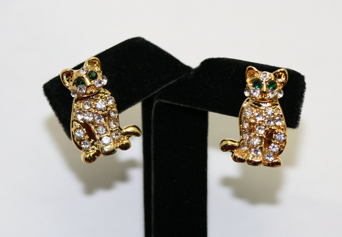 Rhinestones Gold-Tone Cat Brooch, Pin & Post Earring Set, Crystal Cat Pin Brooch, Cat Earrings.
