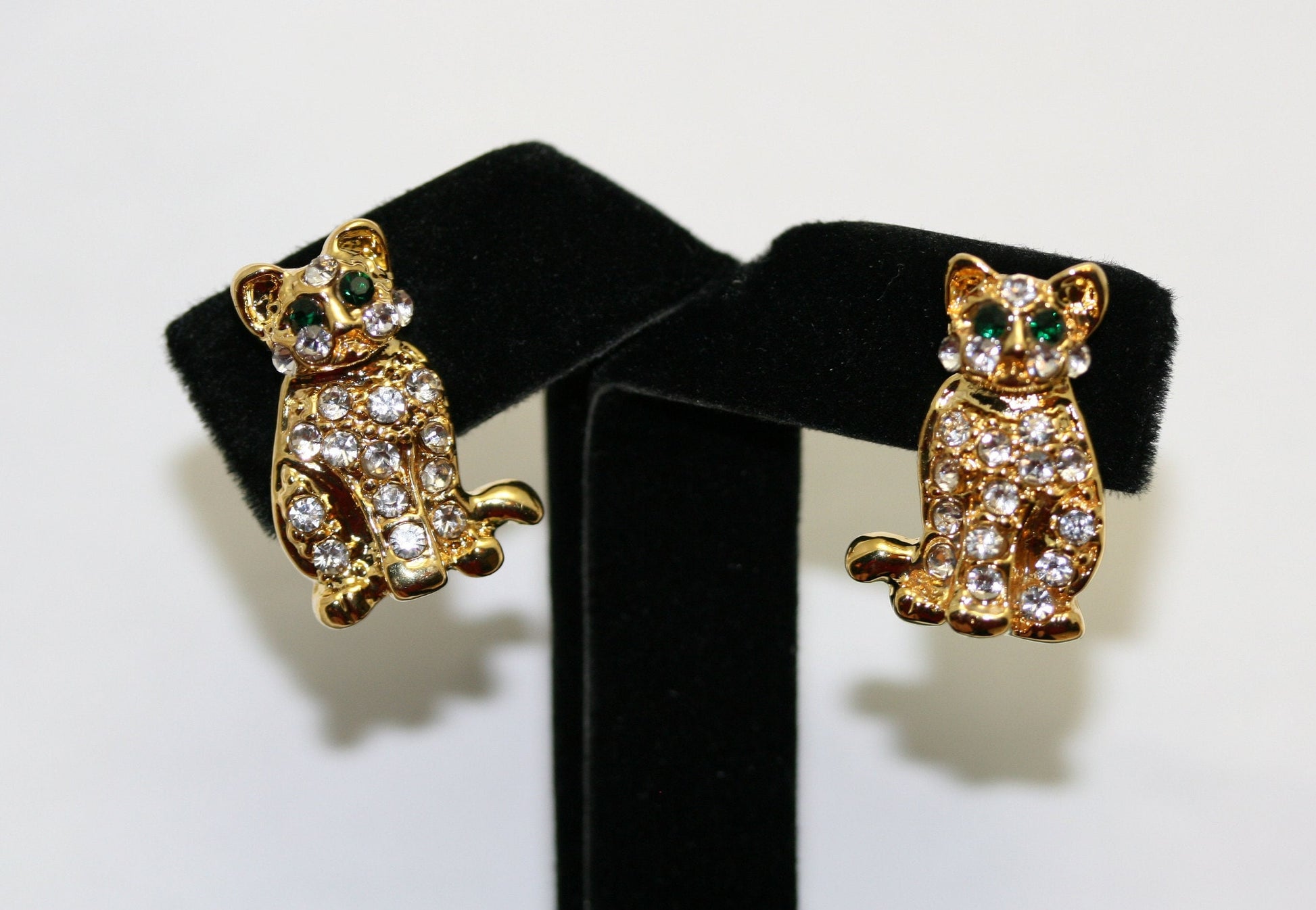 Rhinestones Gold-Tone Cat Brooch, Pin & Post Earring Set, Crystal Cat Pin Brooch, Cat Earrings.