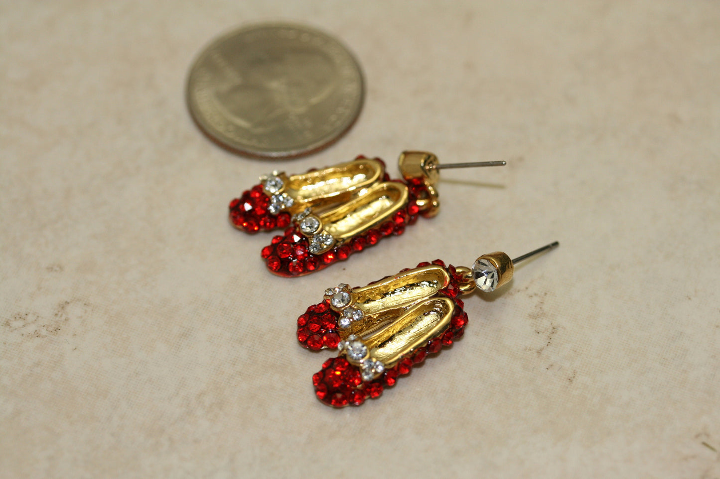 Ruby Rhinestone Slipper Brooch/Pin & Dangle Earrings Set, Red Ruby Rhinestone Gold Tone Slipper Jewelry Set