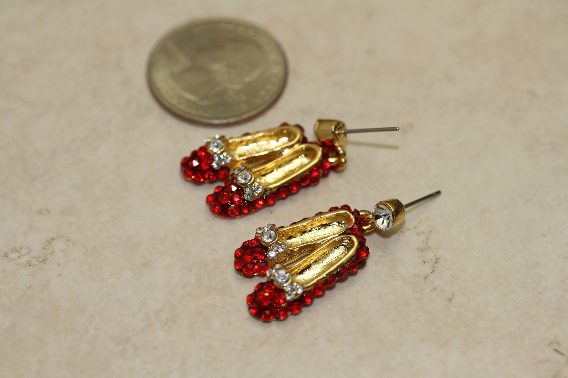 Ruby Rhinestone Slipper Brooch/Pin & Dangle Earrings Set, Red Ruby Rhinestone Gold Tone Slipper Jewelry Set