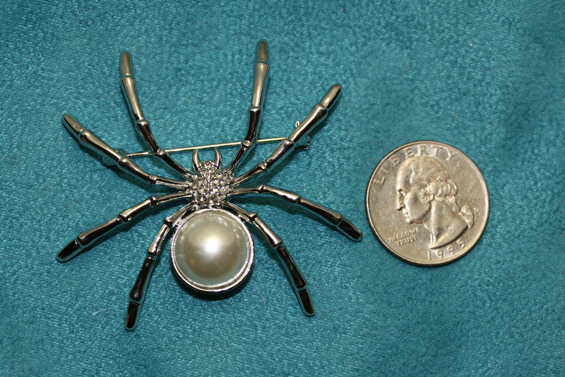 White Faux Pearl & Rhinestone Spider Arachnid Brooch Pin, Halloween Jewelry, Spider Pin