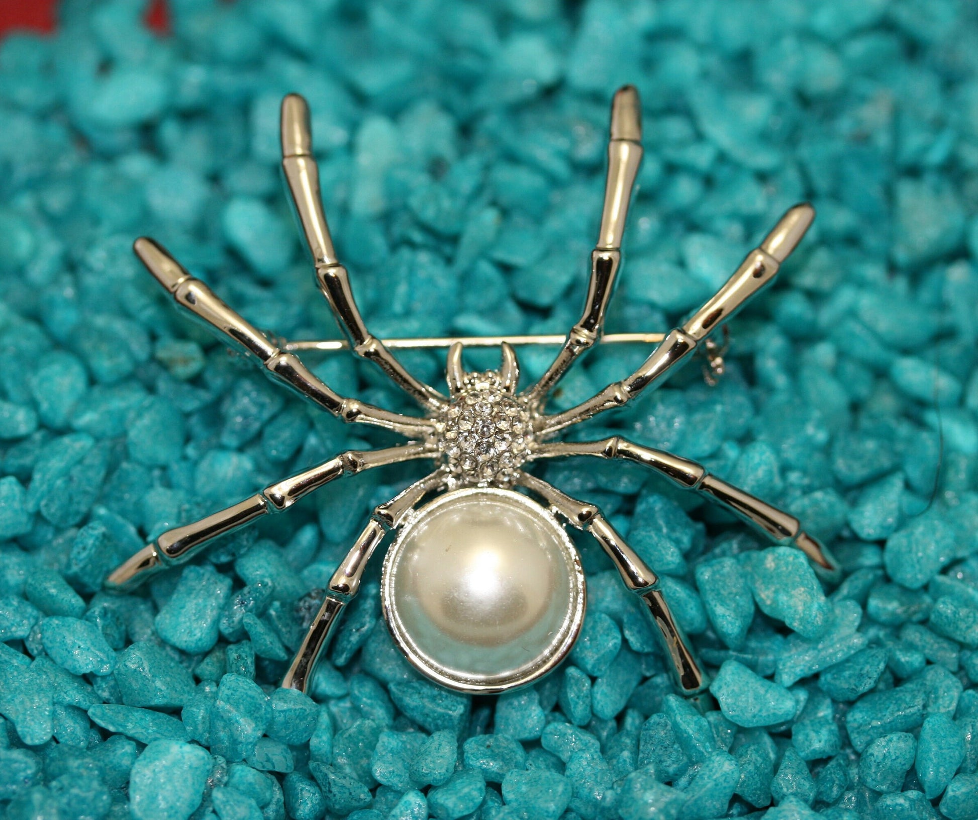White Faux Pearl & Rhinestone Spider Arachnid Brooch Pin, Halloween Jewelry, Spider Pin