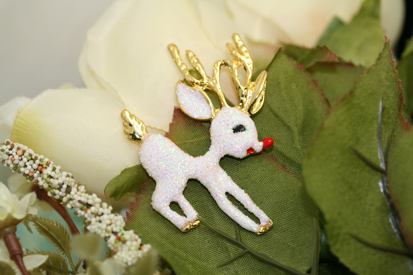 Beautiful Rudolph Reindeer Sparkling White Christmas Reindeer Pin Brooch, Christmas Jewelry