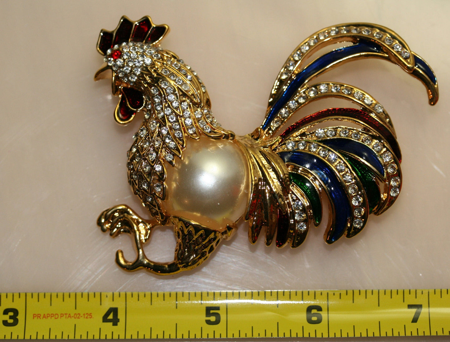 Large Vintage Fancy Rooster with Pave Rhinestones, Faux Mabe Pearl Belly and Enamel Plumage Pin/Brooch
