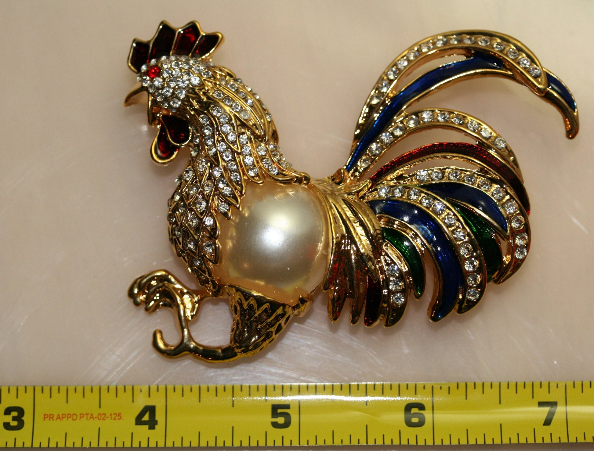 Large Vintage Fancy Rooster with Pave Rhinestones, Faux Mabe Pearl Belly and Enamel Plumage Pin/Brooch