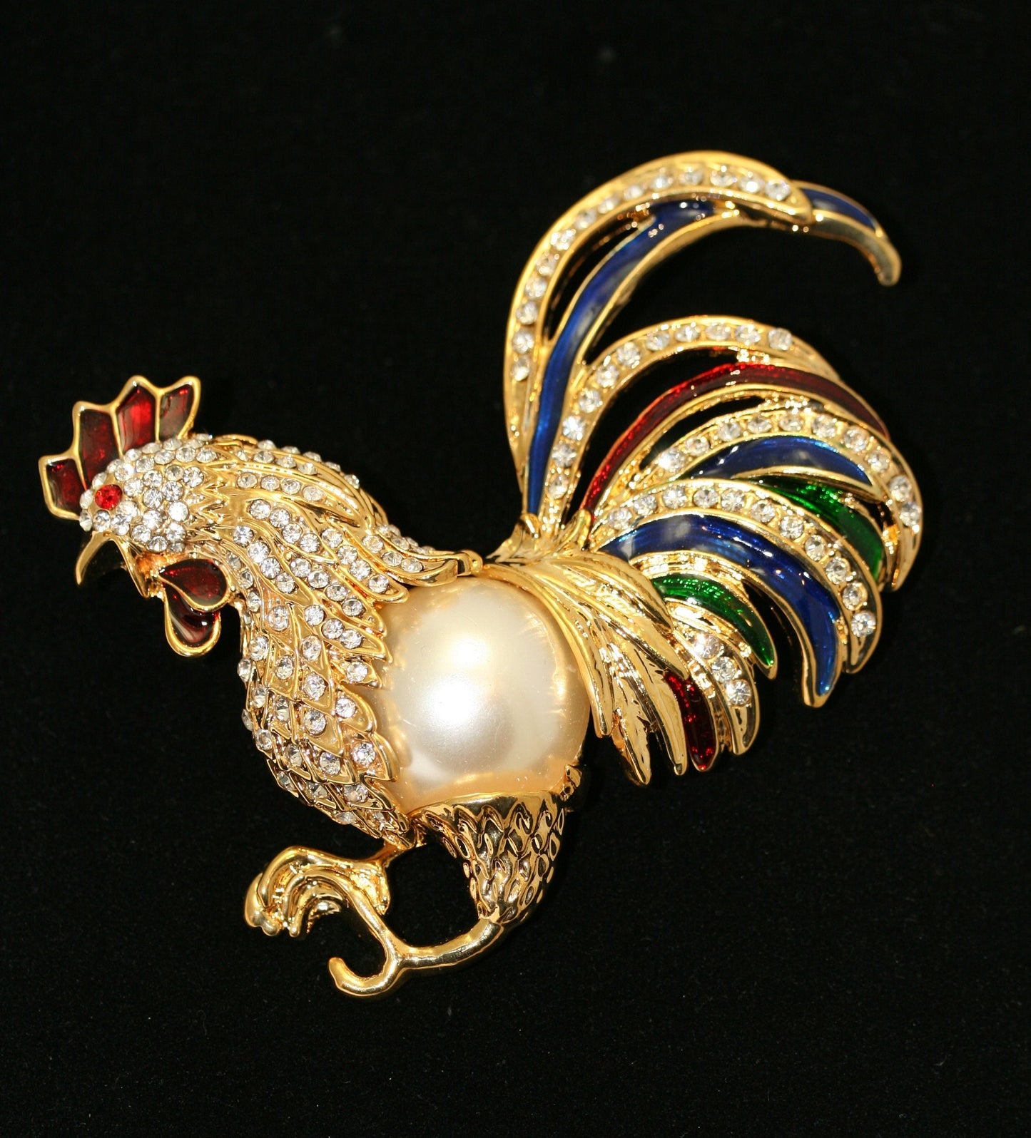 Large Vintage Fancy Rooster with Pave Rhinestones, Faux Mabe Pearl Belly and Enamel Plumage Pin/Brooch