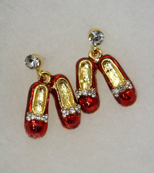 Rhinestone Ruby Slipper Red Enameled Post Earrings Ruby Red Slippers Crystal Sparkle Wizard Of Oz Style