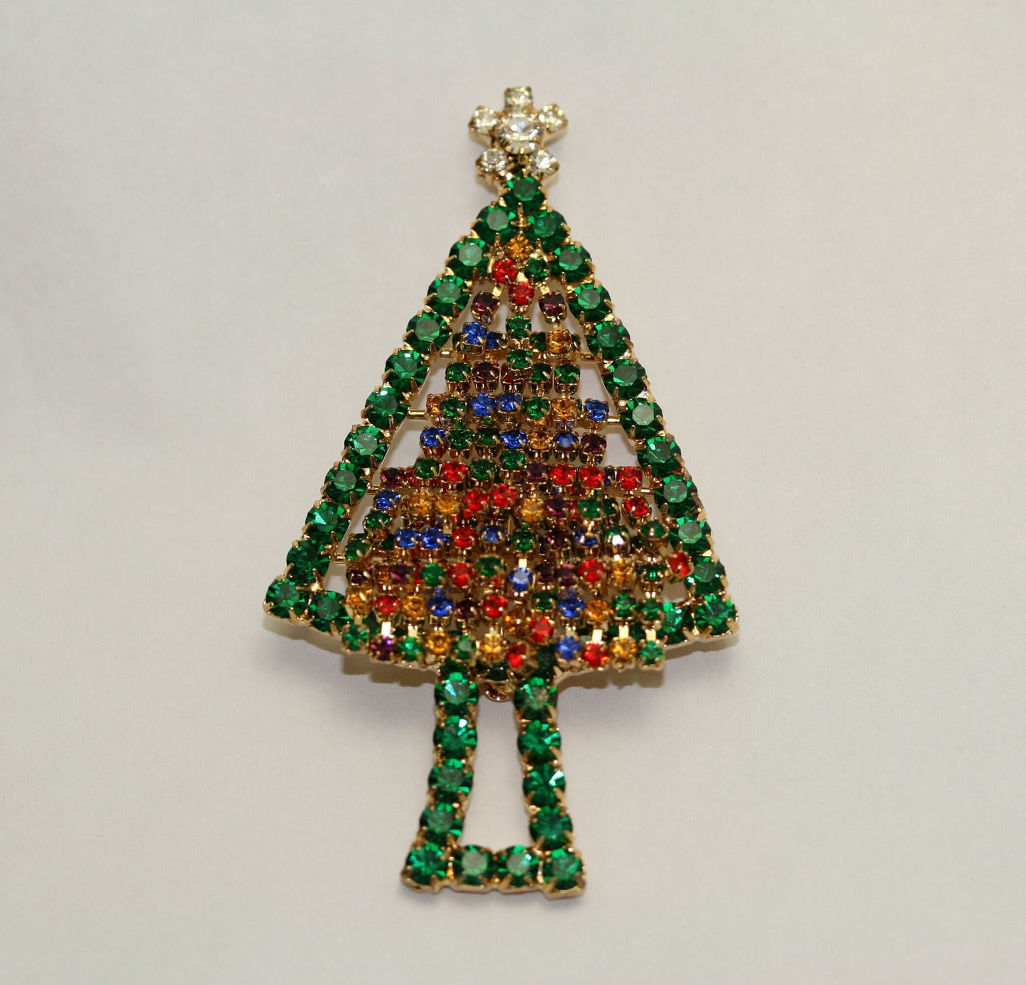 Vintage Rhinestone Prong-set Christmas Tree Brooch Pin, Holiday Christmas Jewelry