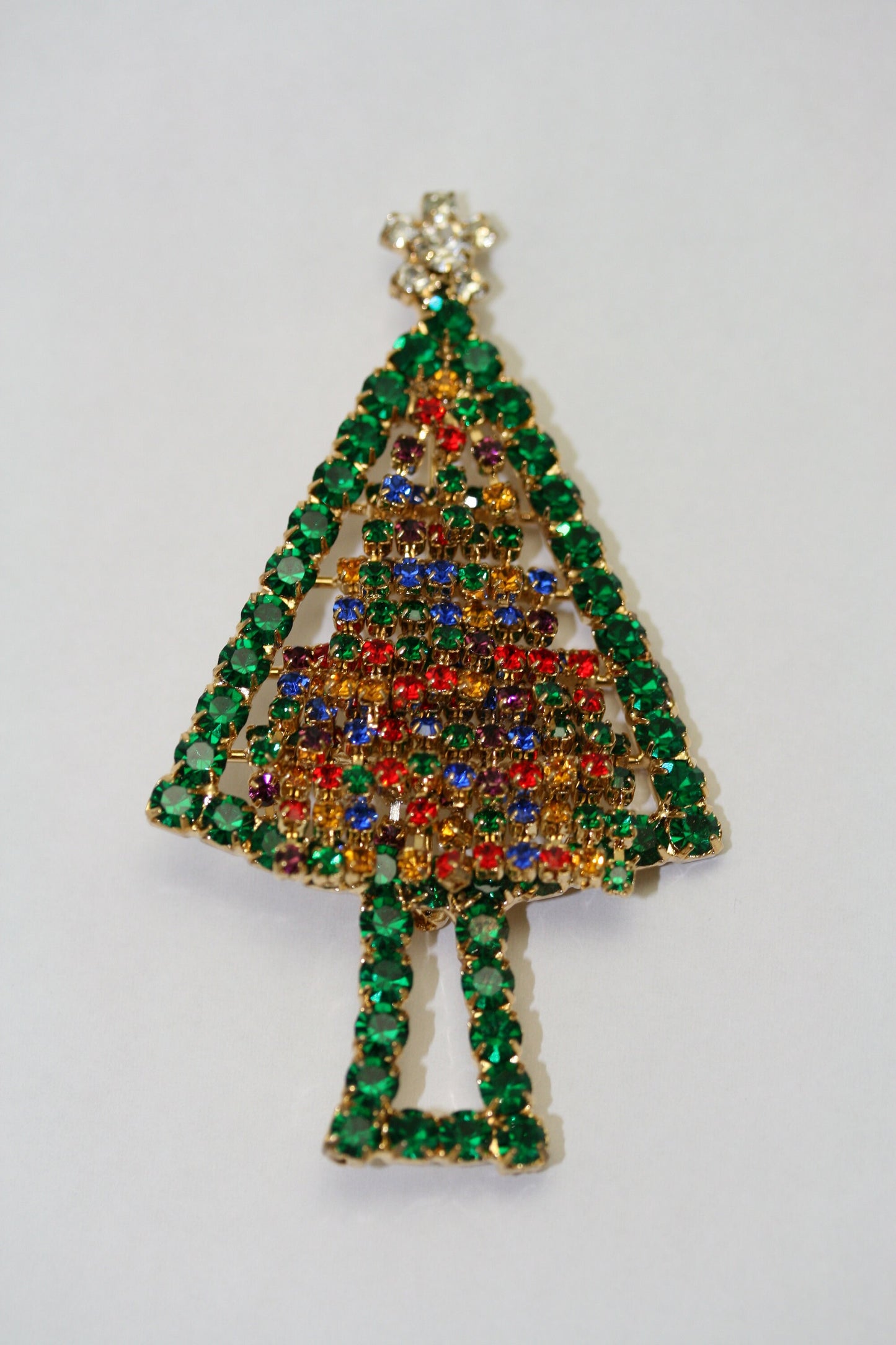 Vintage Rhinestone Prong-set Christmas Tree Brooch Pin, Holiday Christmas Jewelry