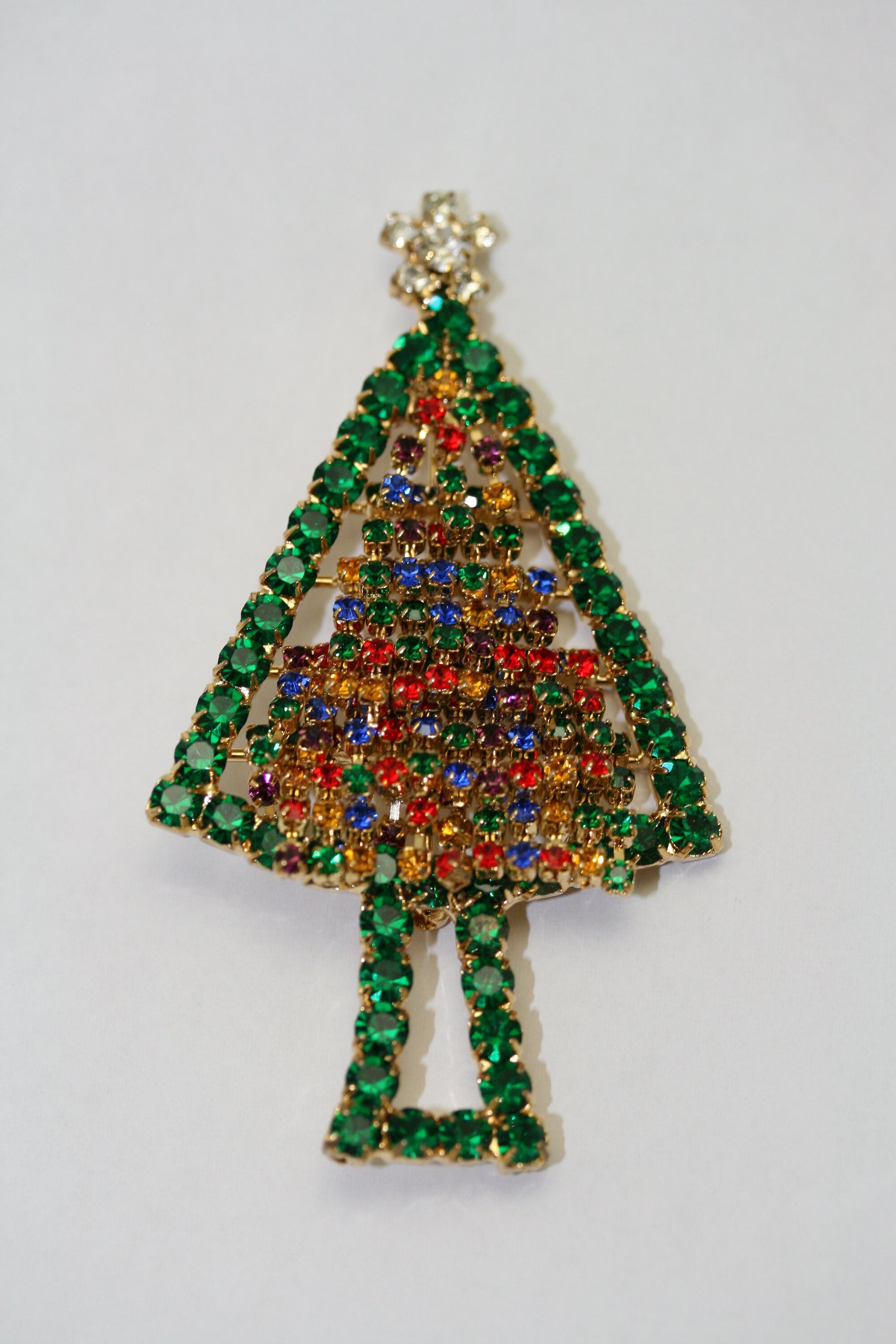 Vintage Rhinestone Prong-set Christmas Tree Brooch Pin, Holiday Christmas Jewelry