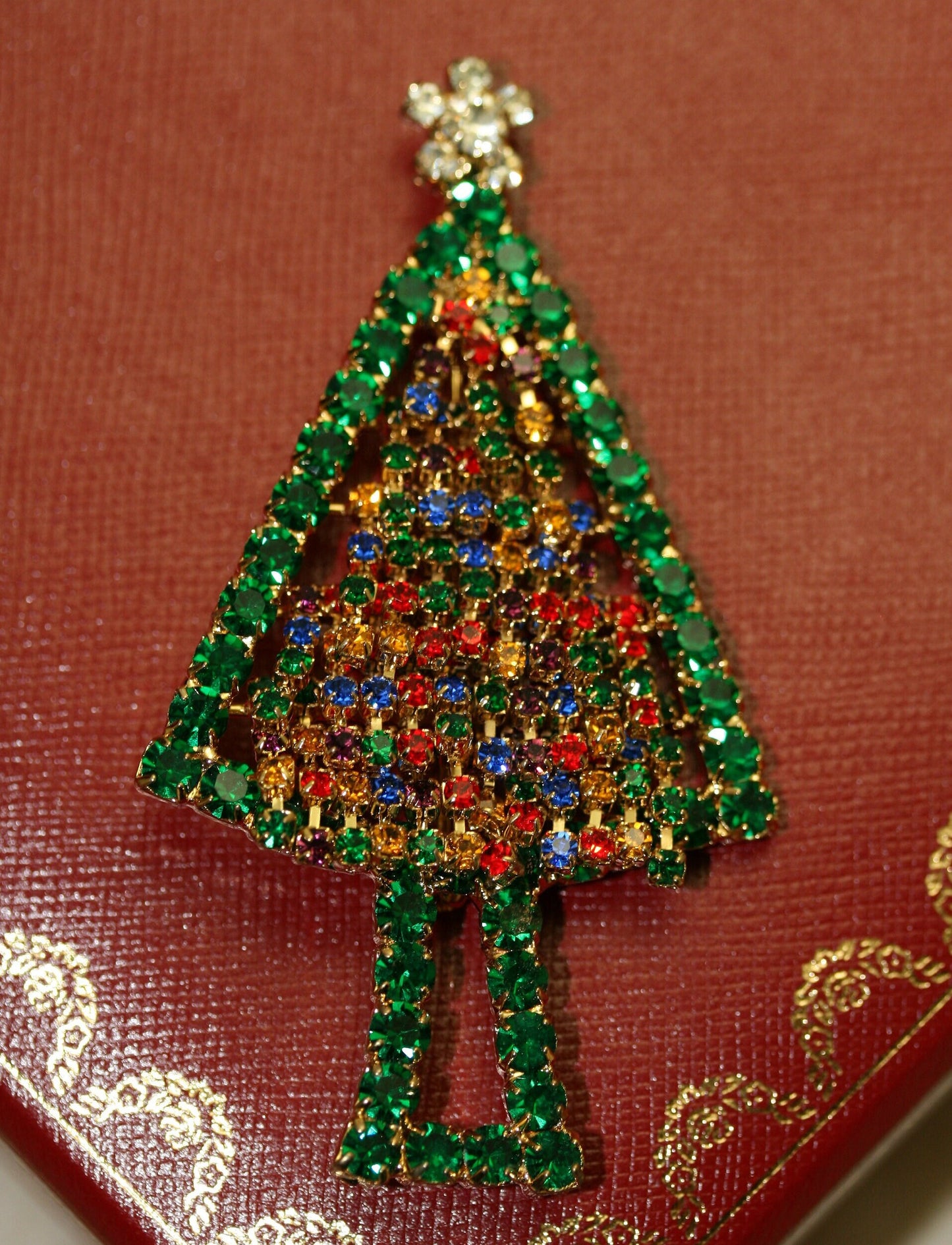 Vintage Rhinestone Prong-set Christmas Tree Brooch Pin, Holiday Christmas Jewelry