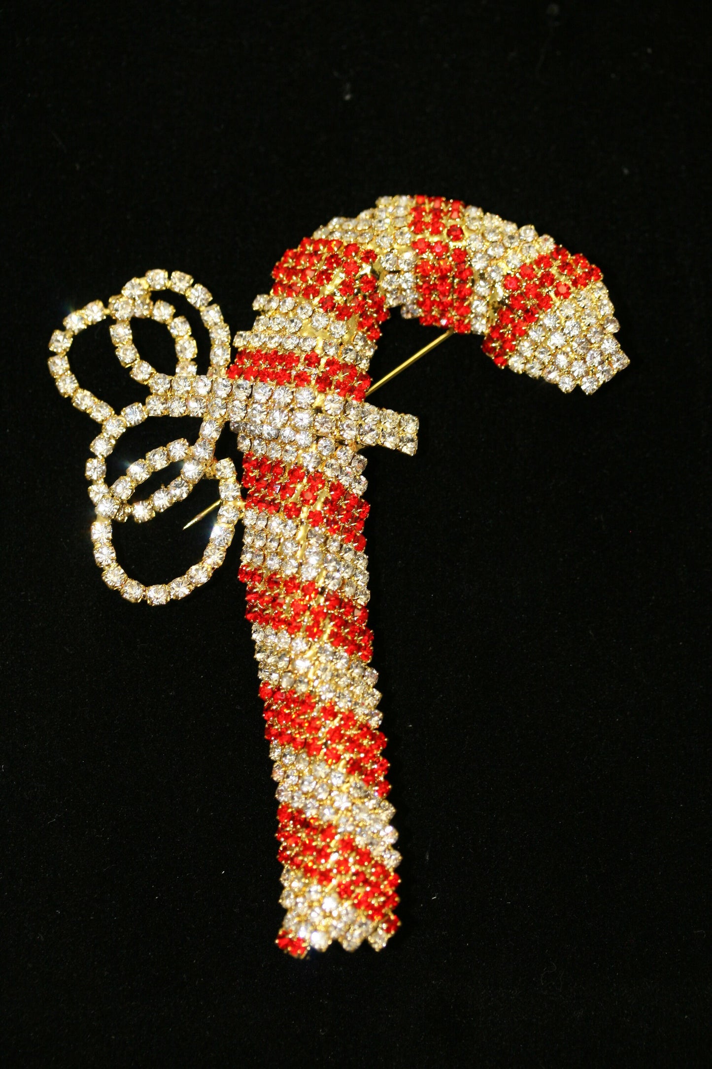 Vintage Christmas Candy Cane Brooch Pin, Prong Set Rhinestone Bow Holiday Christmas Candy Can Brooch Pin Christmas Jewelry