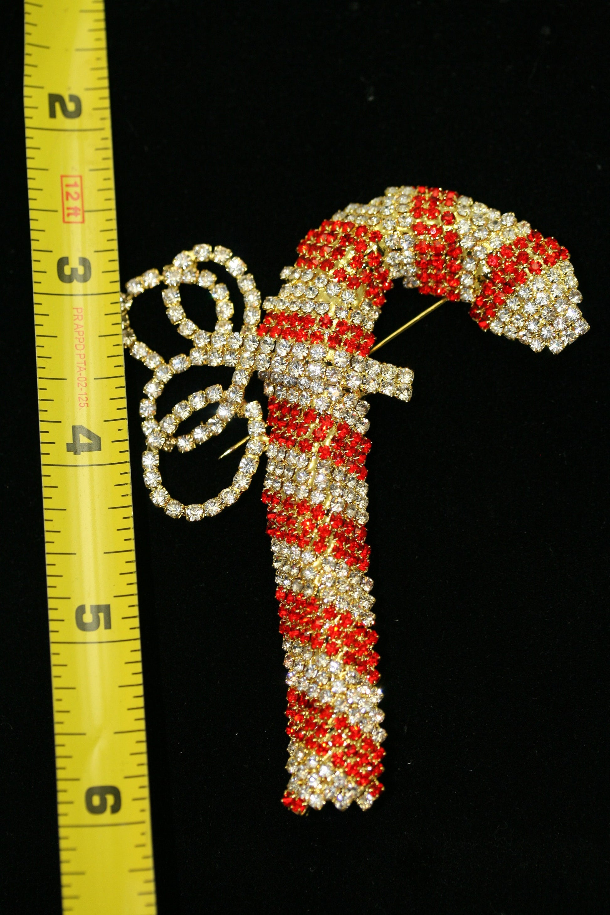 Vintage Christmas Candy Cane Brooch Pin, Prong Set Rhinestone Bow Holiday Christmas Candy Can Brooch Pin Christmas Jewelry
