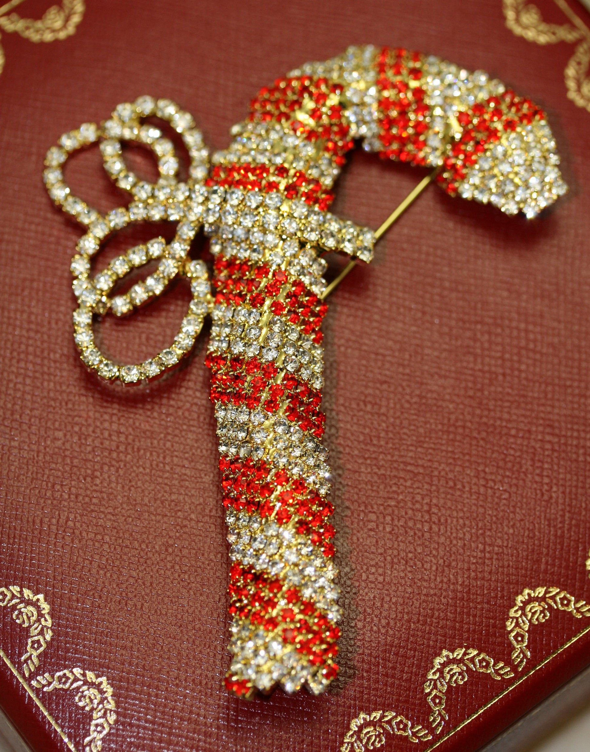 Vintage Christmas Candy Cane Brooch Pin, Prong Set Rhinestone Bow Holiday Christmas Candy Can Brooch Pin Christmas Jewelry