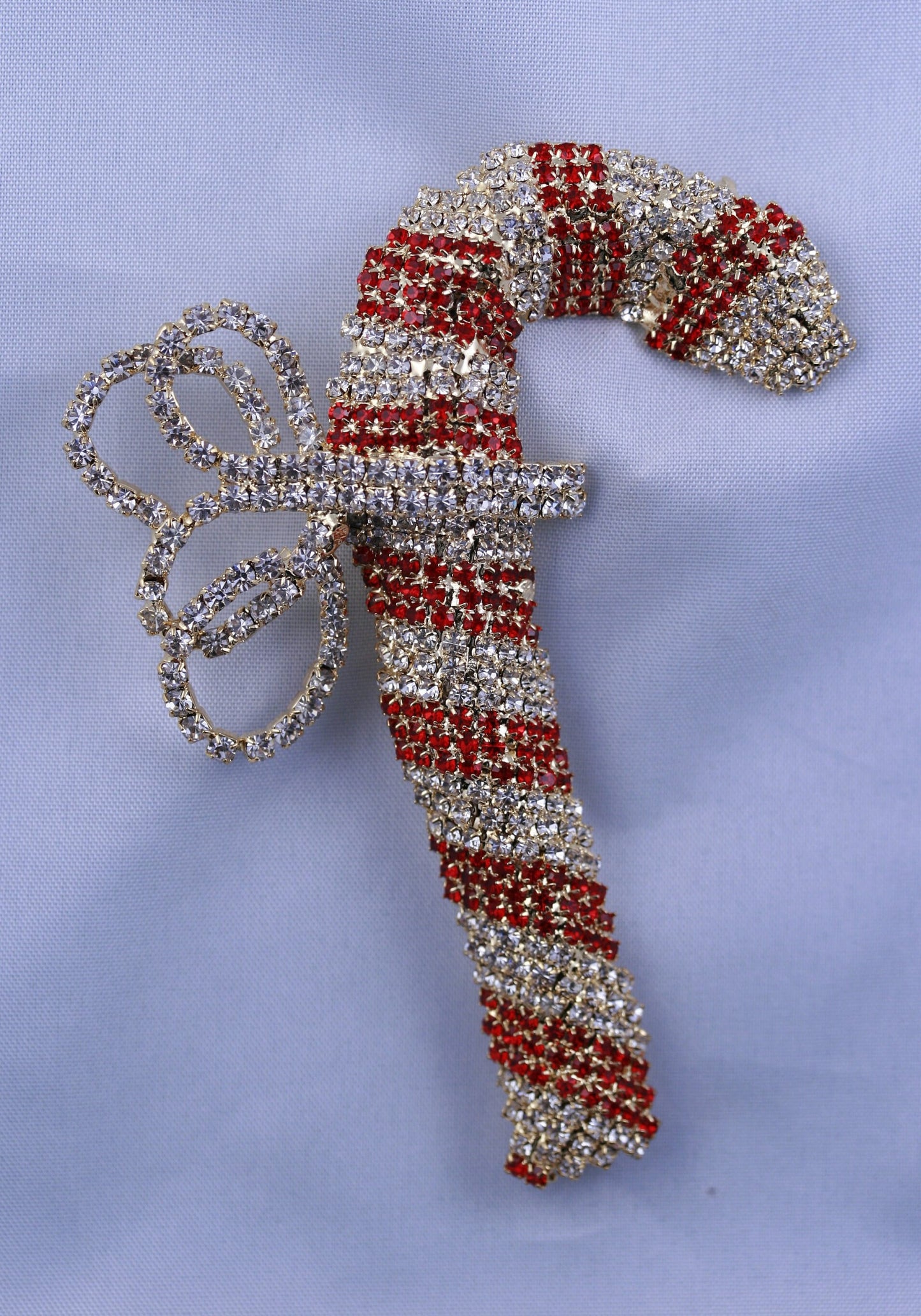 Vintage Christmas Candy Cane Brooch Pin, Prong Set Rhinestone Bow Holiday Christmas Candy Can Brooch Pin Christmas Jewelry