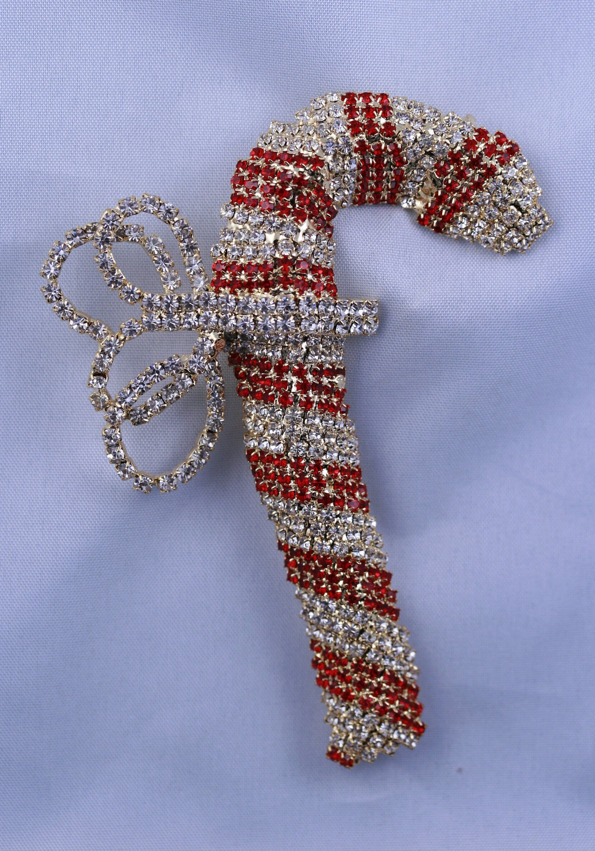 Vintage Christmas Candy Cane Brooch Pin, Prong Set Rhinestone Bow Holiday Christmas Candy Can Brooch Pin Christmas Jewelry