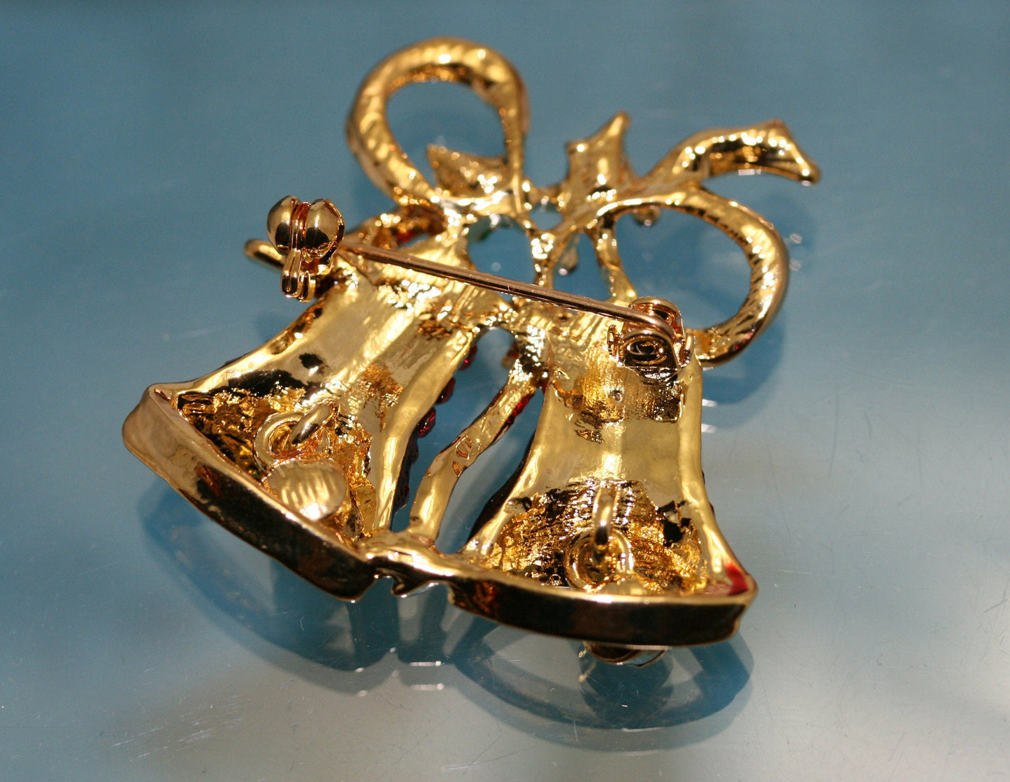 Vintage Rhinestone Double Bell Bowknot Brooch Pin for Xmas Gift, Christmas Jewelry, Holiday Holly Christmas Bells