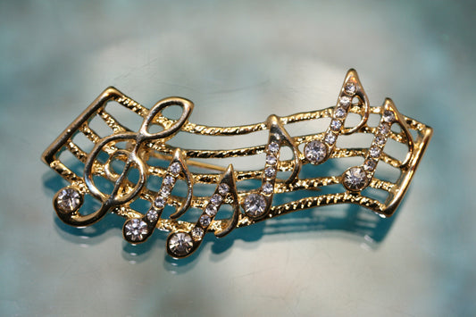 Vintage Rhinestone Gold-Tone Music Note Bar Brooch Pin, Music Note Jewelry