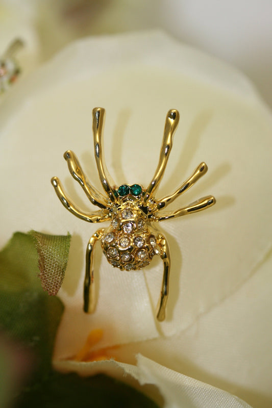Halloween Spider tack pin , Rhinestones pave and gold tone insect Brooch Pin