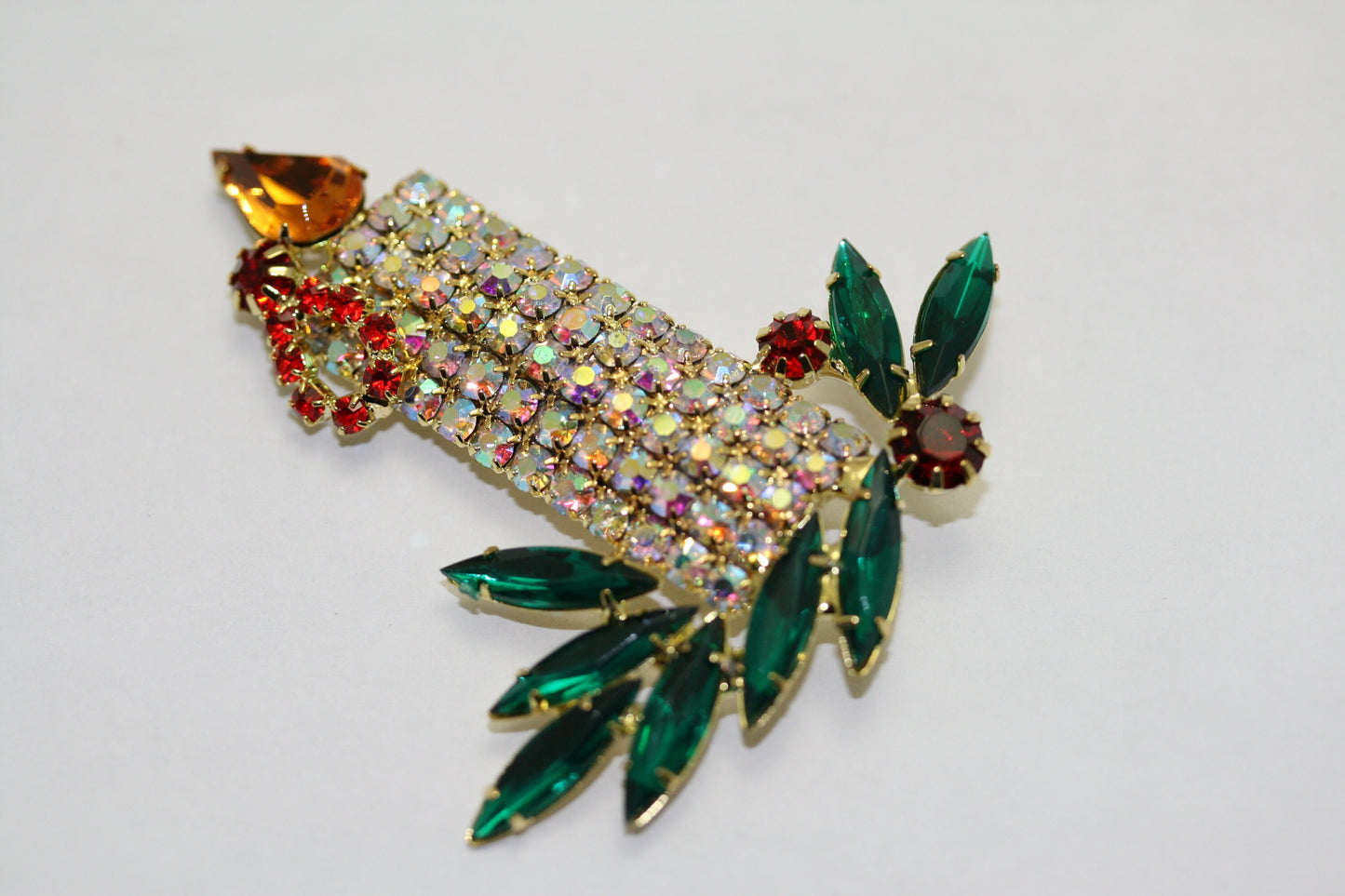 Vintage Large Rhinestone Filled Christmas Candle Brooch, Pin, Holiday Christmas Jewelry