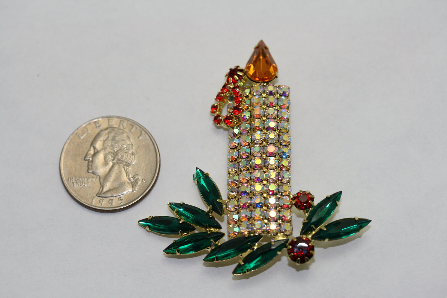 Vintage Large Rhinestone Filled Christmas Candle Brooch, Pin, Holiday Christmas Jewelry