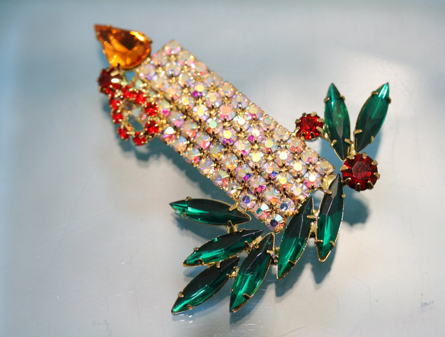 Vintage Large Rhinestone Filled Christmas Candle Brooch, Pin, Holiday Christmas Jewelry