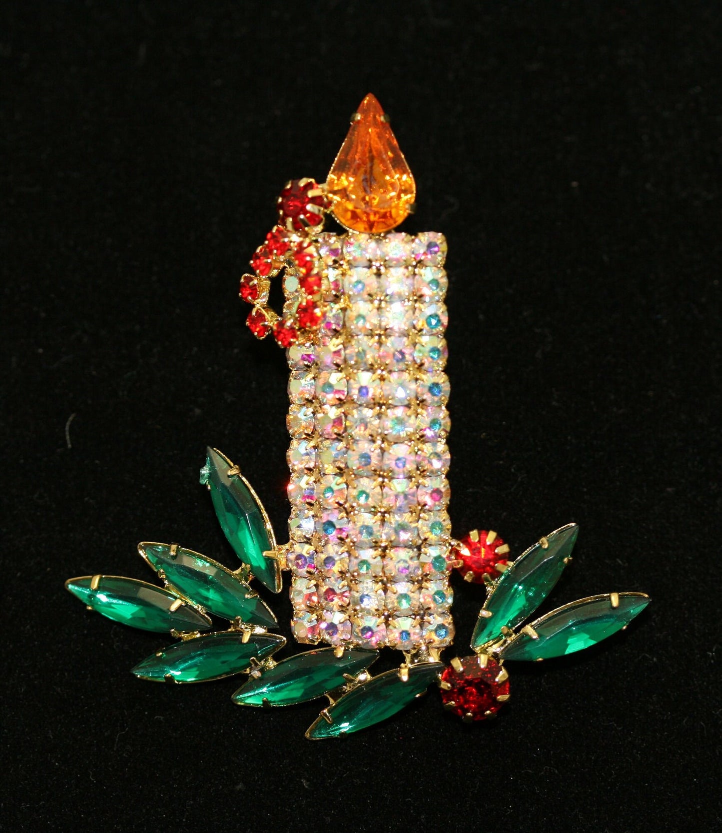 Vintage Large Rhinestone Filled Christmas Candle Brooch, Pin, Holiday Christmas Jewelry
