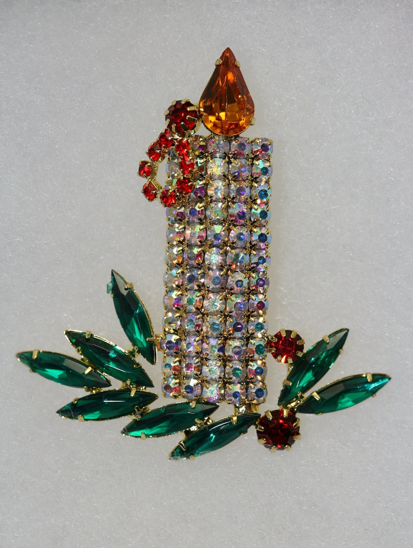 Vintage Large Rhinestone Filled Christmas Candle Brooch, Pin, Holiday Christmas Jewelry