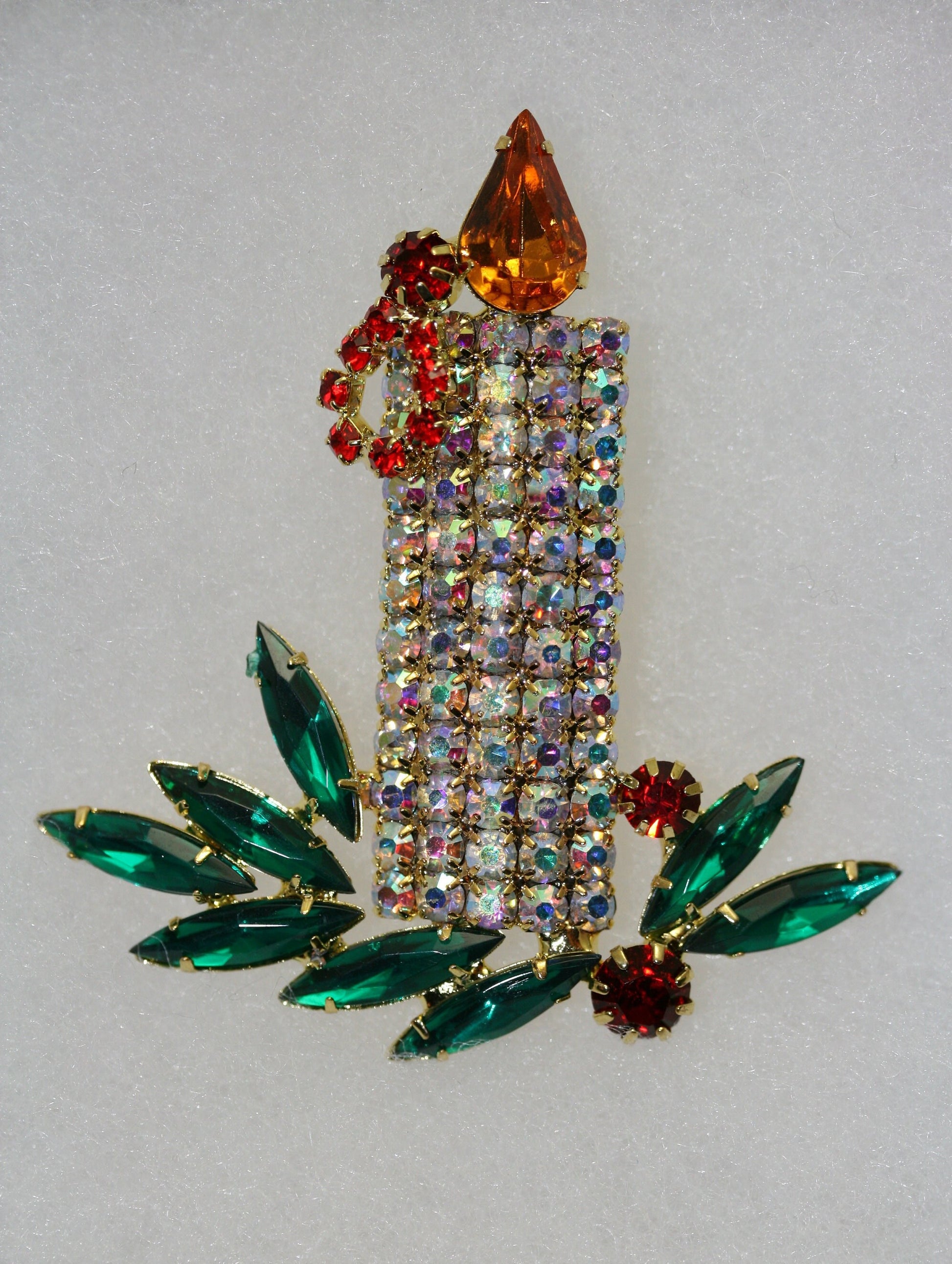Vintage Large Rhinestone Filled Christmas Candle Brooch, Pin, Holiday Christmas Jewelry