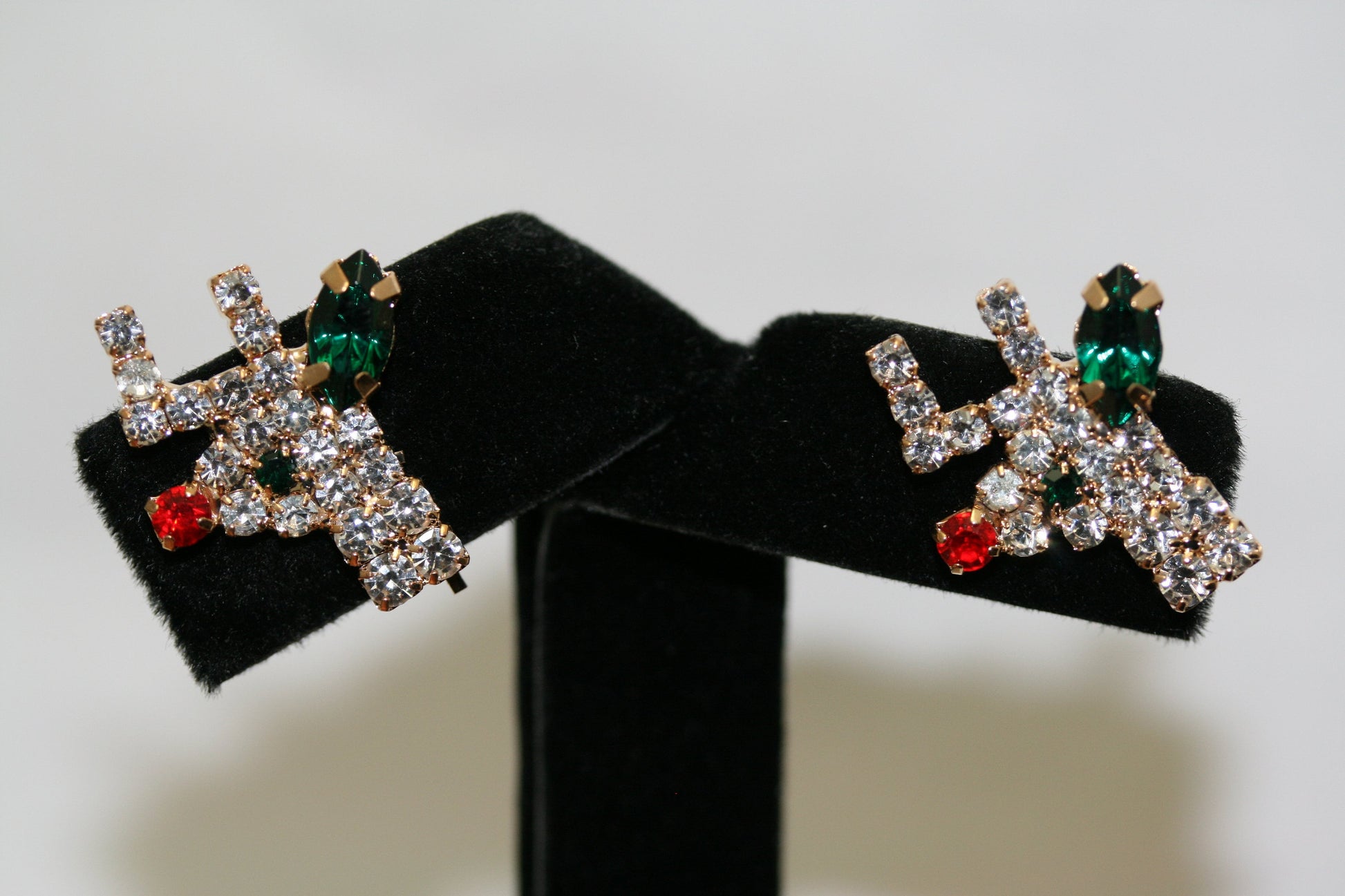 Vintage Rhinestone Reindeer Post Earring, Christmas Rudolph Earring, Holiday Reindeer Jewelry