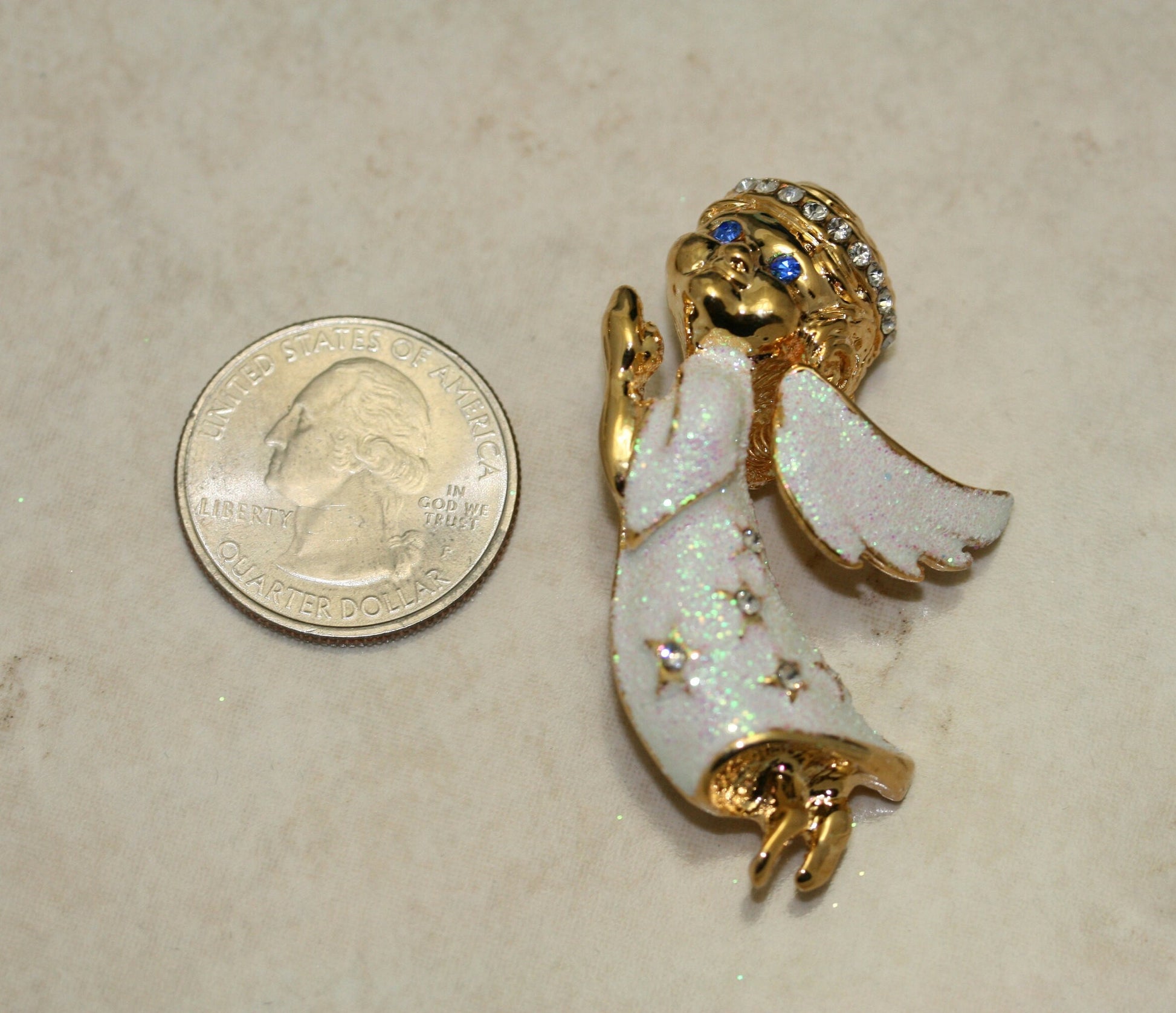 Gold Angel Brooch Pin, Rhinestone Angel with Halo Glitter White Dress Wings Brooch Pin, Costume Jewelry
