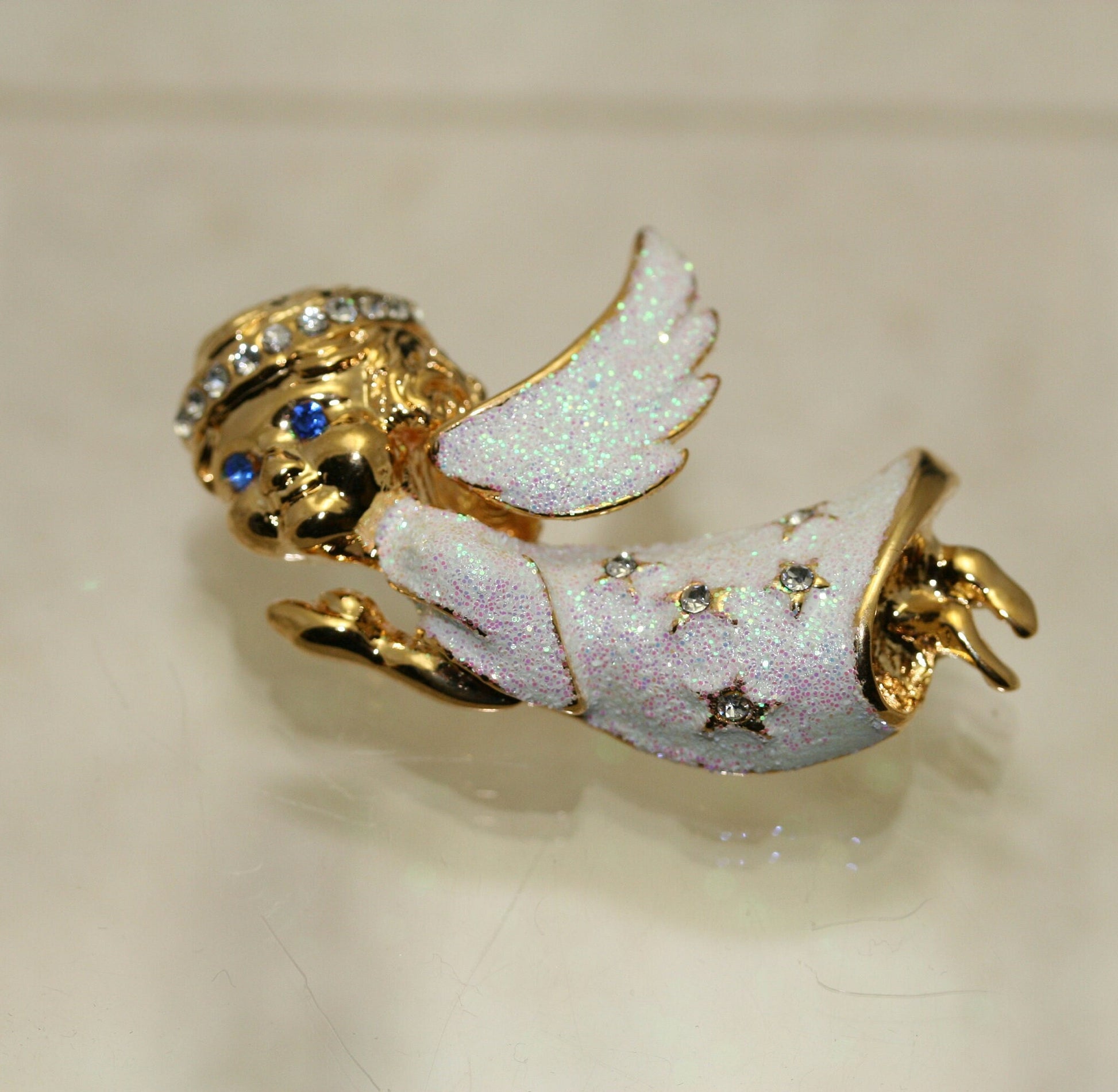 Gold Angel Brooch Pin, Rhinestone Angel with Halo Glitter White Dress Wings Brooch Pin, Costume Jewelry