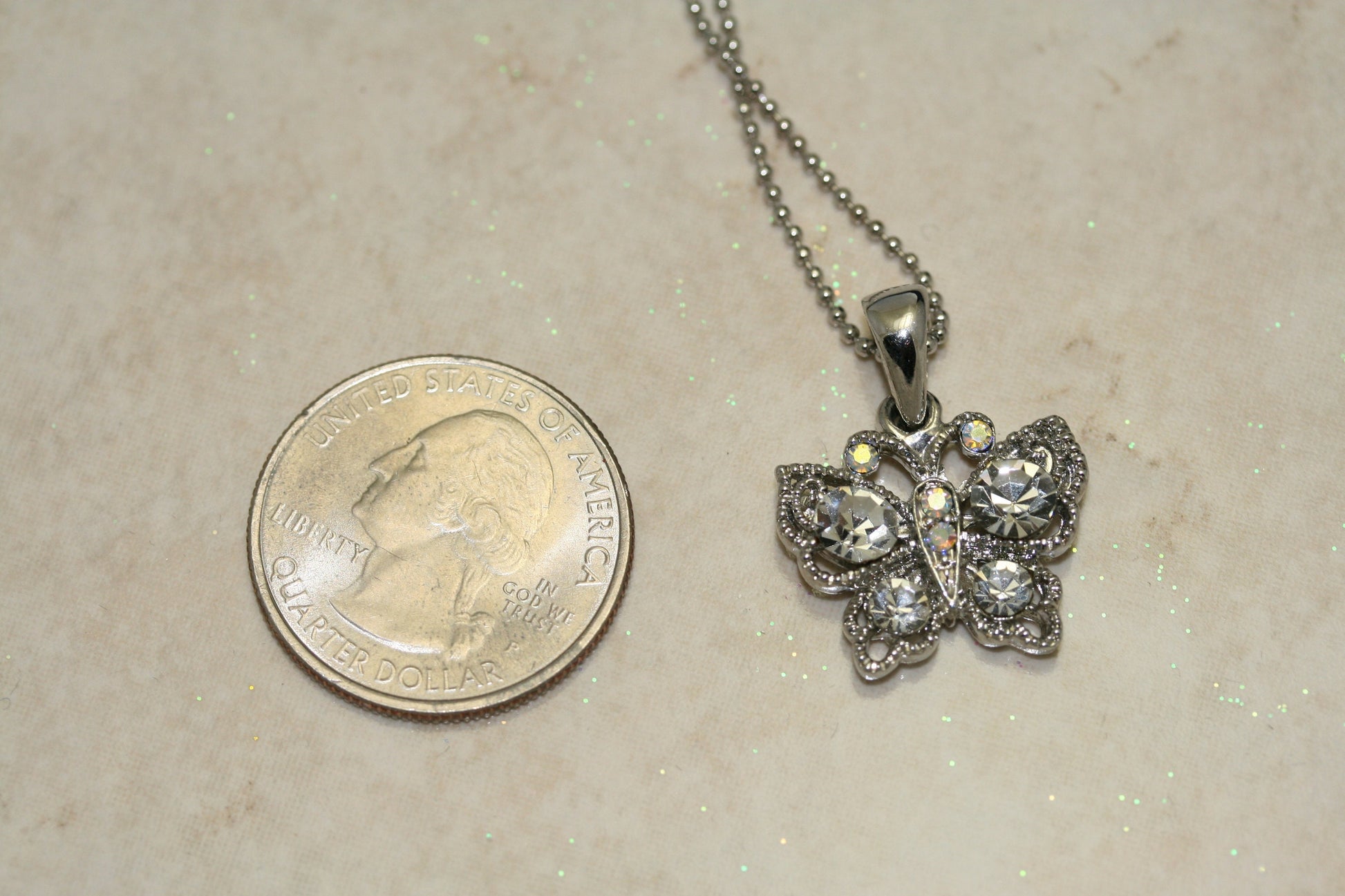 Rhinestone Butterfly Necklace Charm, Clear Crystal Butterfly Pendant With Chain (18")