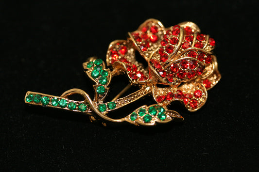 Vintage Large Ruby Garnet Olivine Rhinestone Rose Pin Brooch Jewelry, Fashion Valentine's Day Roses Pin