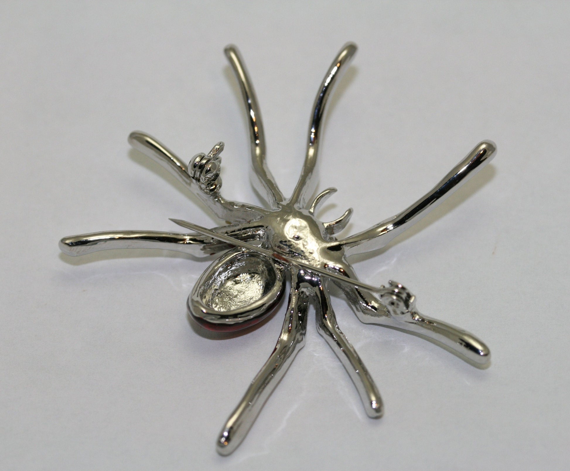 Silver Plated Clear Rhinestone and Red Enamel Spider Brooch Halloween Spider Pin, Holiday Costume Jewelry