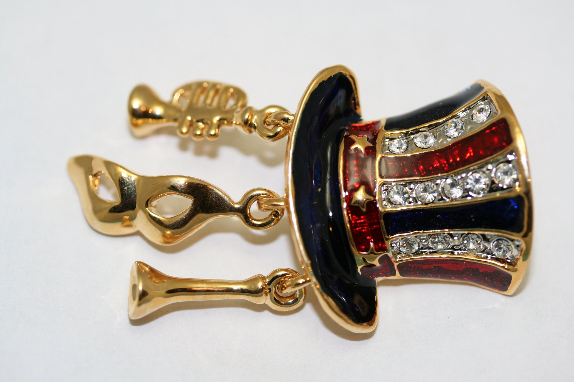 Patriotic Uncle Sam Top Hat Enamel & Rhinestone Gold-tone Lapel Hat Pin, USA Flag, 4th July Costume Brooch Jewelry