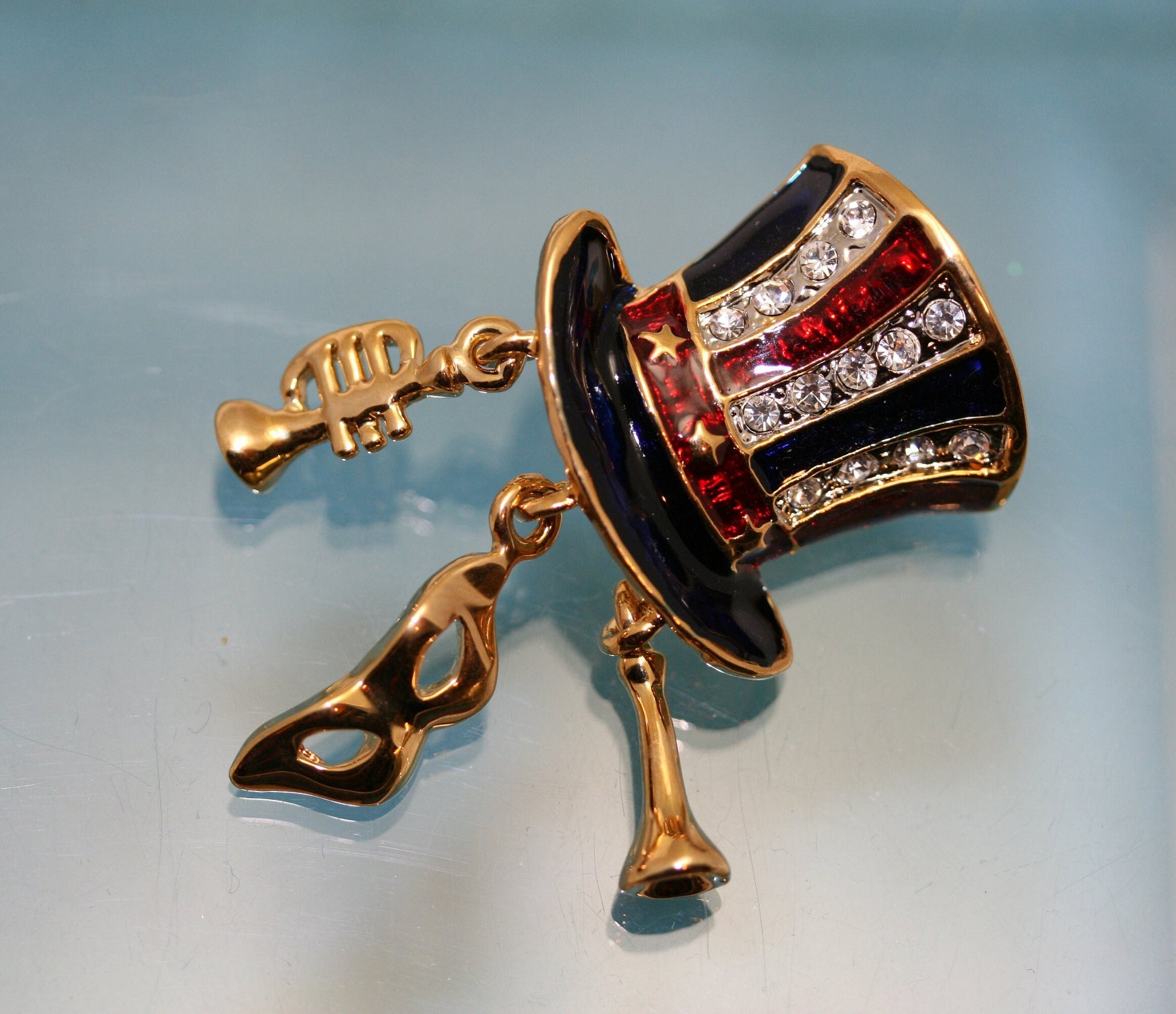 Patriotic Uncle Sam Top Hat Enamel & Rhinestone Gold-tone Lapel Hat Pin, USA Flag, 4th July Costume Brooch Jewelry
