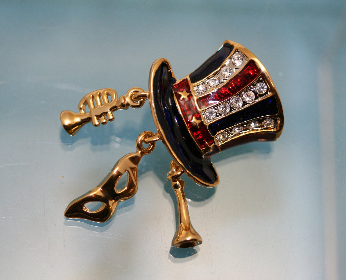 Patriotic Uncle Sam Top Hat Enamel & Rhinestone Gold-tone Lapel Hat Pin, USA Flag, 4th July Costume Brooch Jewelry