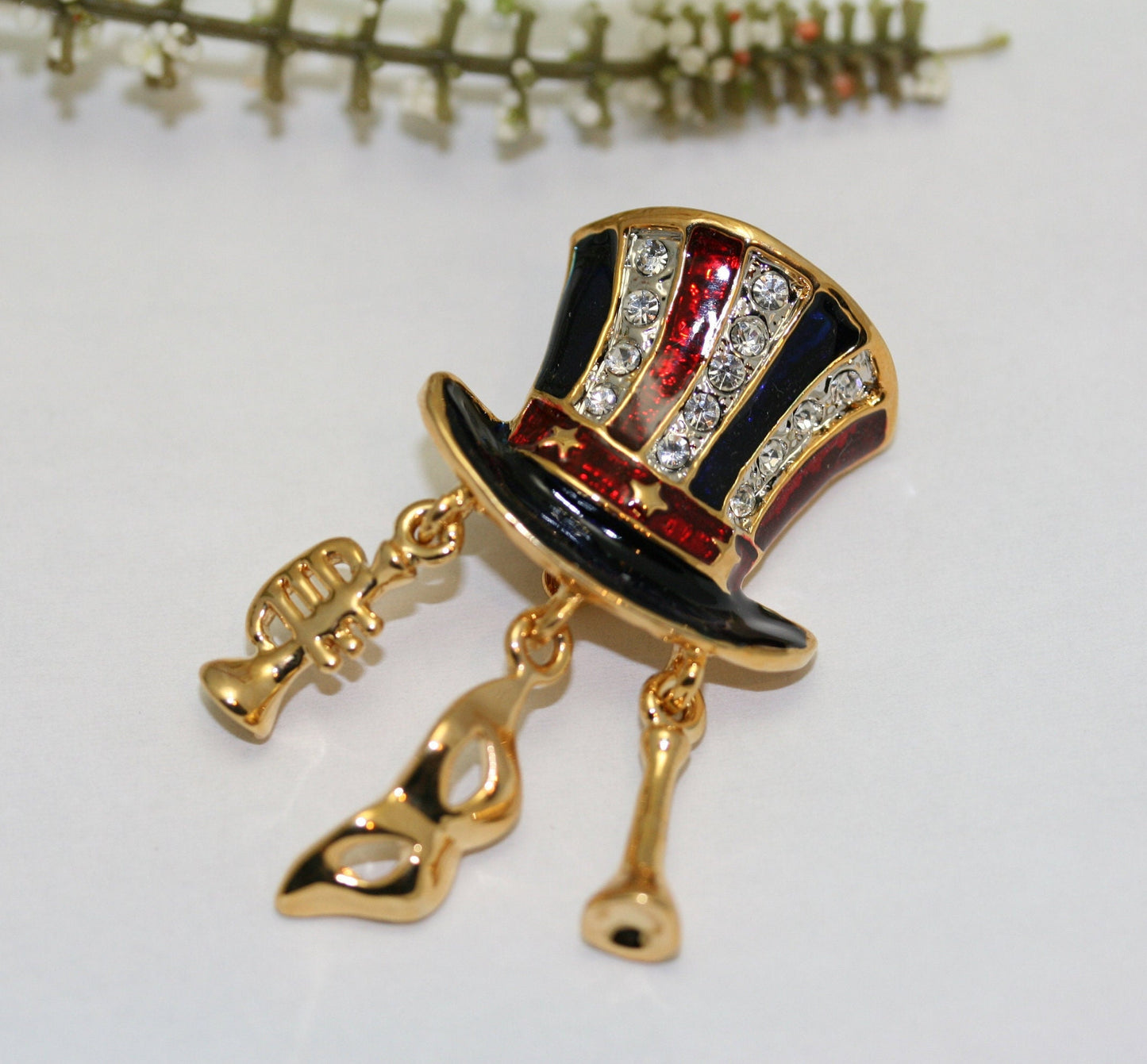 Patriotic Uncle Sam Top Hat Enamel & Rhinestone Gold-tone Lapel Hat Pin, USA Flag, 4th July Costume Brooch Jewelry