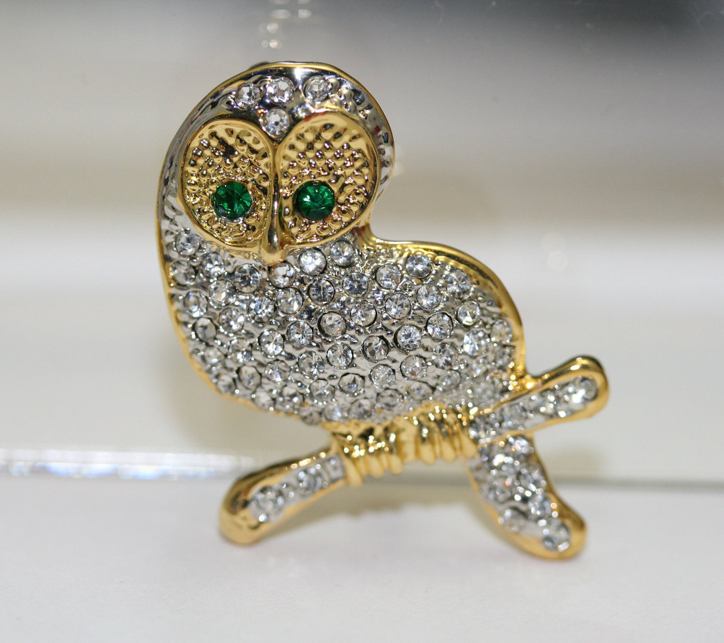 Gold Tone Owl on Branch Rhinestone Pave Brooch Pin
