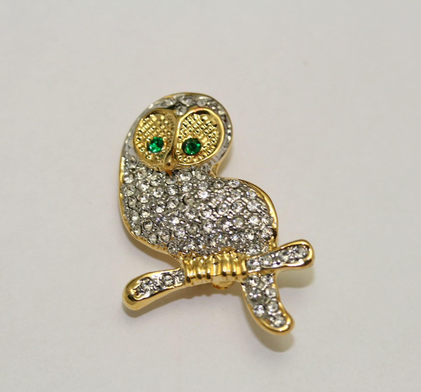 Gold Tone Owl on Branch Rhinestone Pave Brooch Pin