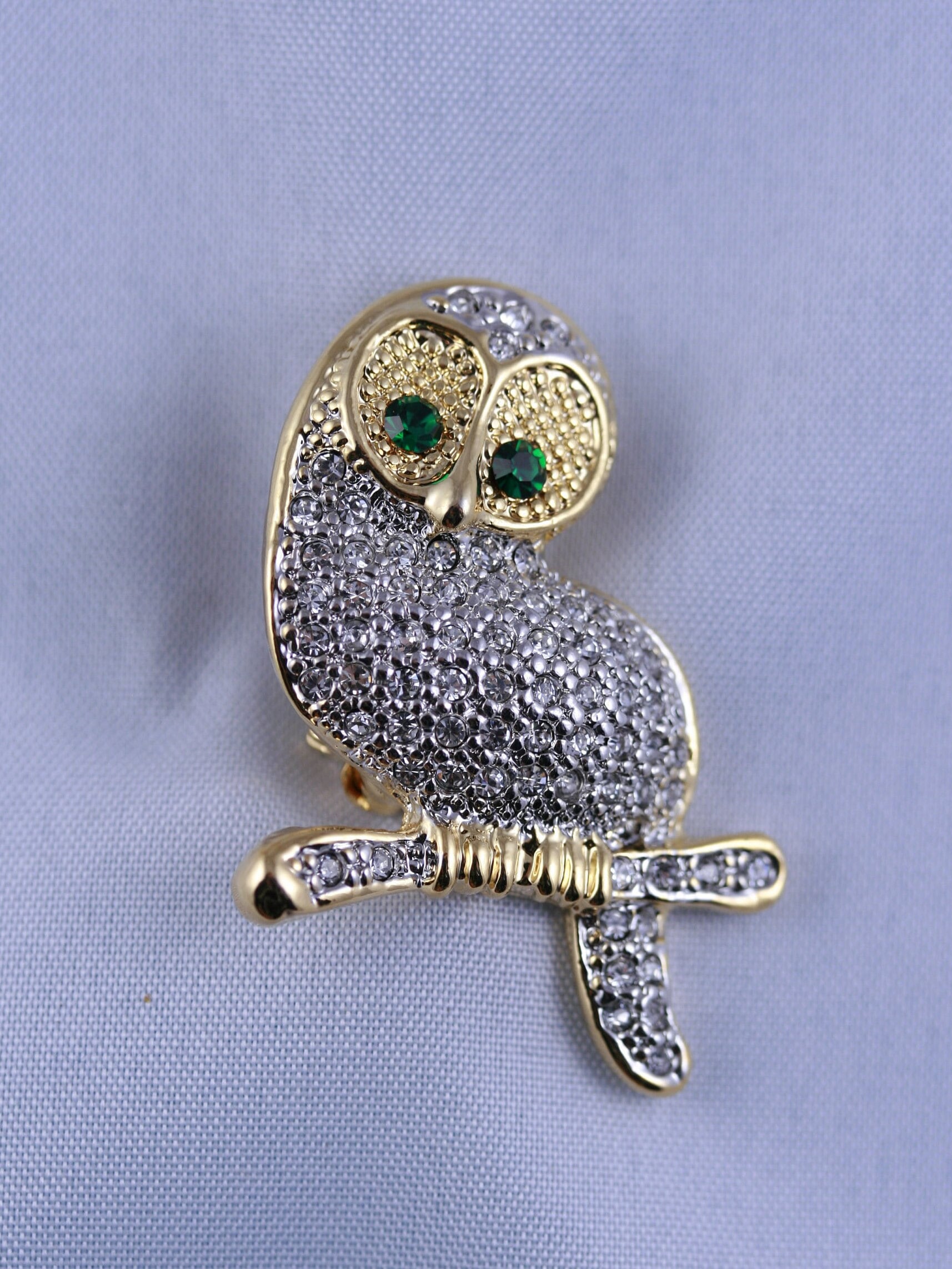 Gold Tone Owl on Branch Rhinestone Pave Brooch Pin