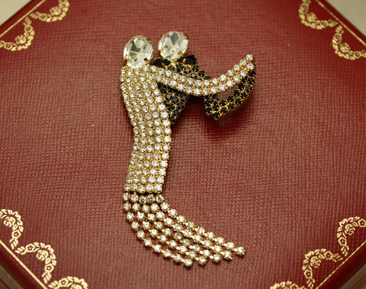 Vintage Gold Dancing Couple Articulated Black and White Rhinestone Brooch Pin, Fashion Jewelry