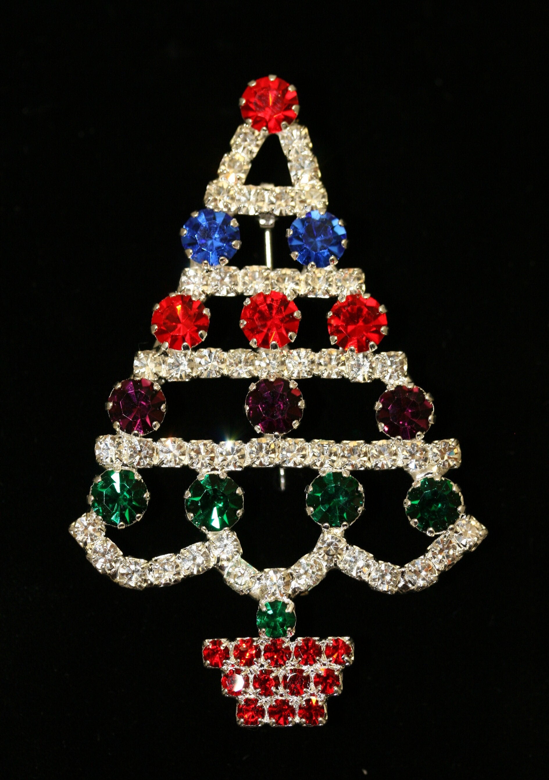 Multi Color Rhinestone Christmas Tree Brooch Pin, Christmas Jewelry, Holiday Jewelry Gift