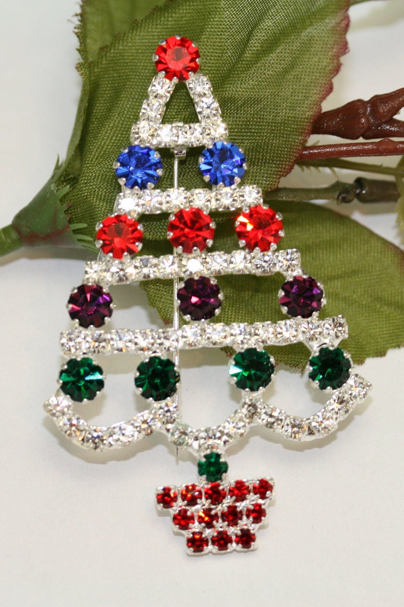 Multi Color Rhinestone Christmas Tree Brooch Pin, Christmas Jewelry, Holiday Jewelry Gift