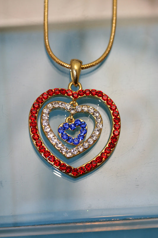 Rhinestone USA American Flag Triple Heart Patriotic 4th of July Independence Day Pendant Necklace