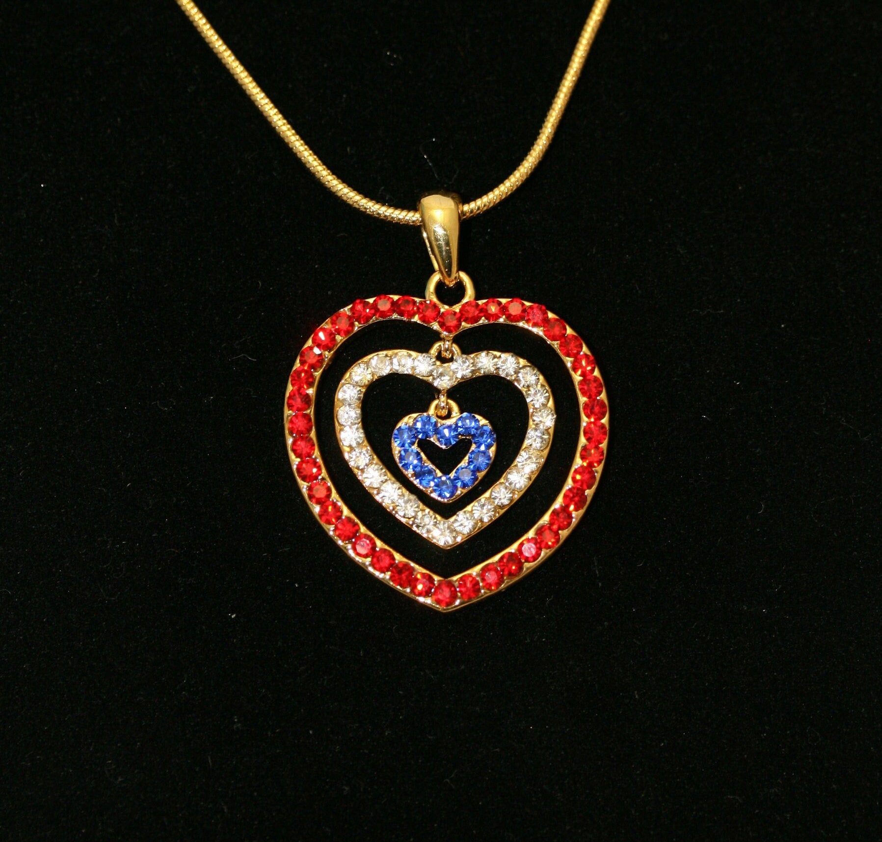 Rhinestone USA American Flag Triple Heart Patriotic 4th of July Independence Day Pendant Necklace