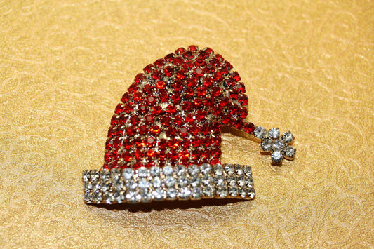 Rhinestone Christmas Santa Clause St. Nick Hat Brooch, Crystal Santa Hat Pin, Winter Holiday Jewelry, Christmas Gift
