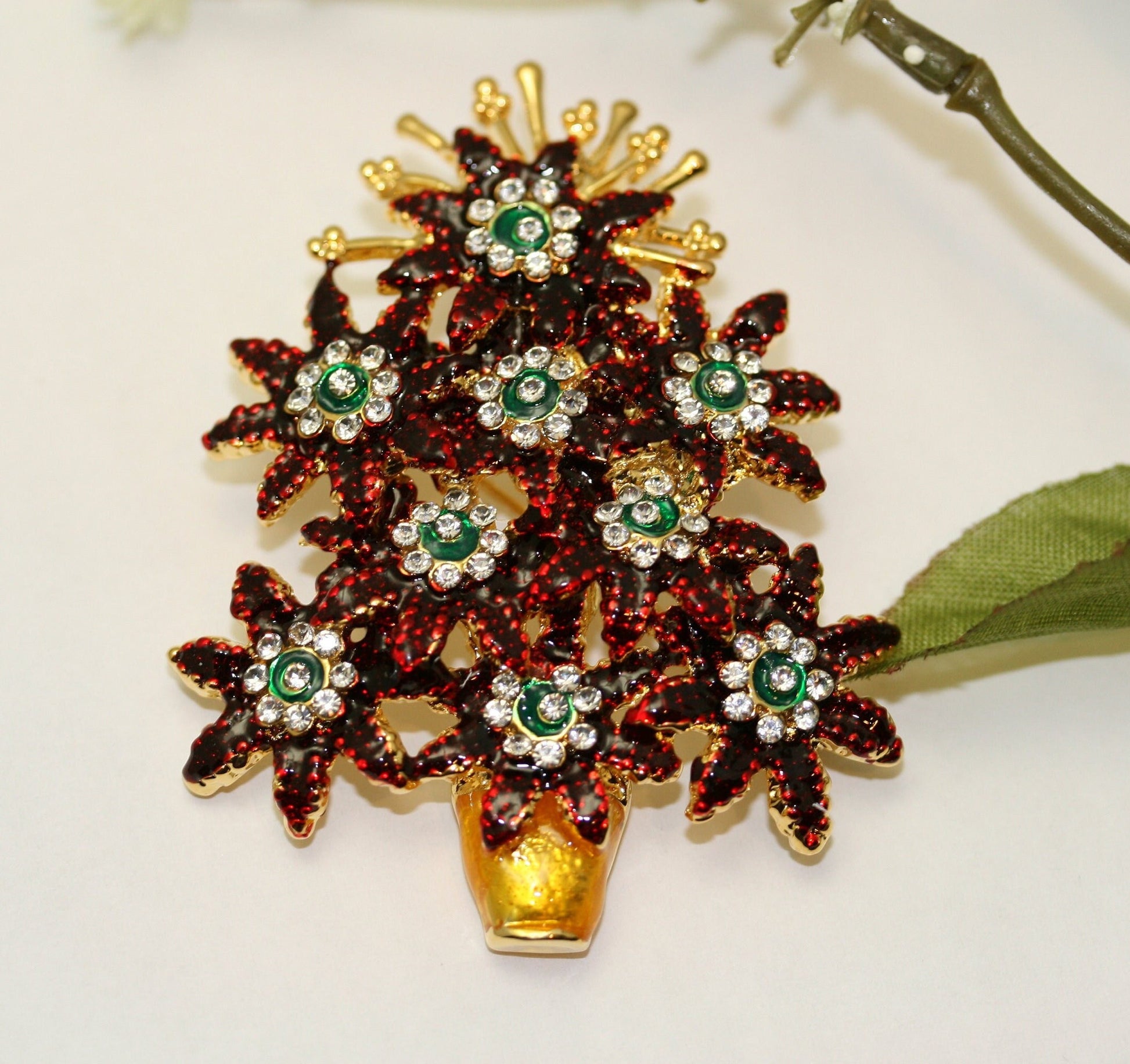 Vintage Rhinestone and Enamel '' POINSETTIA CHRISTMAS TREE '' Brooch Pin, Costume Jewelry, Holiday Christmas Jewelry